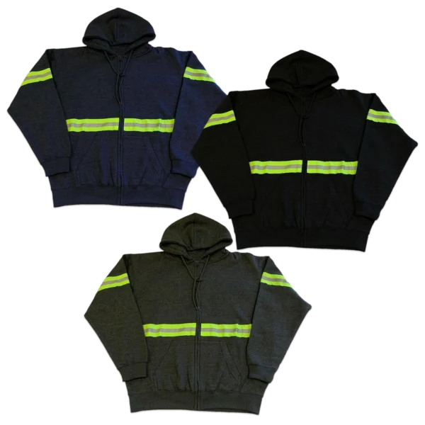 Enhanced visibility work hoodies in navy, black, and charcoal with green reflective strips