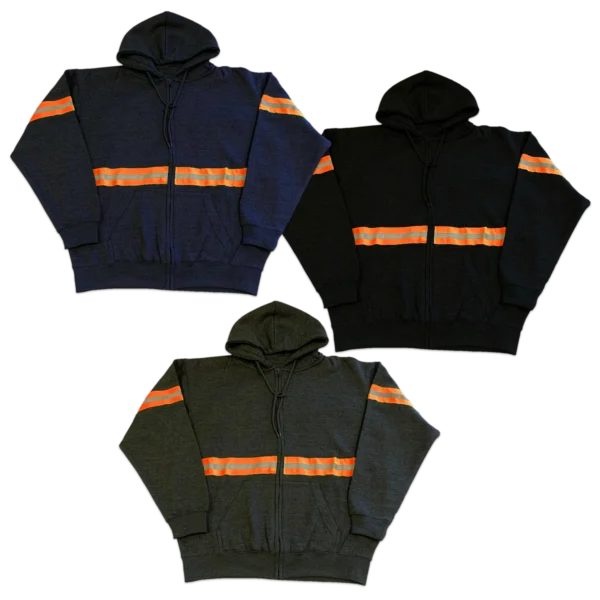 Enhanced visibility work hoodies in navy, black, and charcoal with orange reflective strips