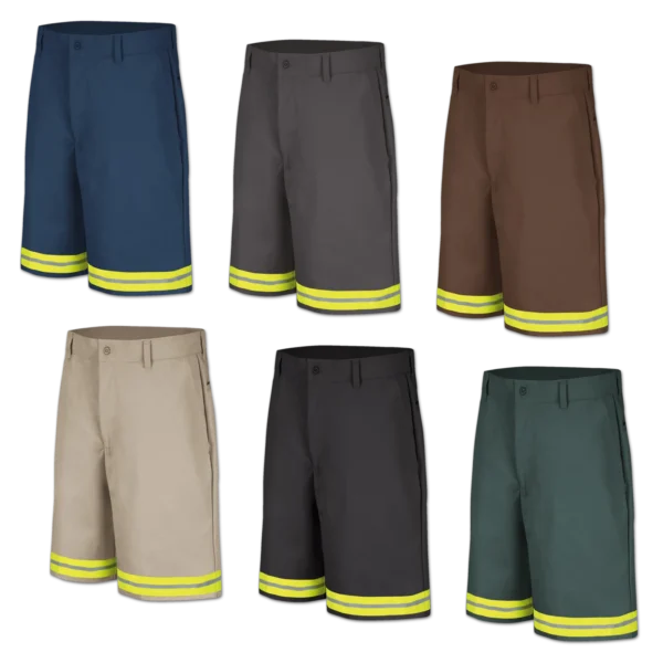 Hi Vis Plain Front Shorts Collection with Green Reflective Tape - Multiple Colors for Enhanced Visibility