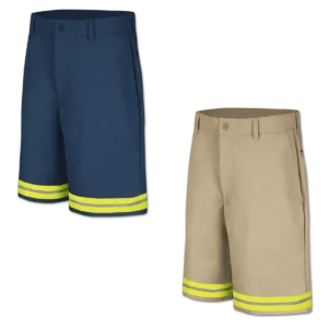 Display image for 100% cotton shorts with green reflective tape at an angle. PC26 with green reflective tape.