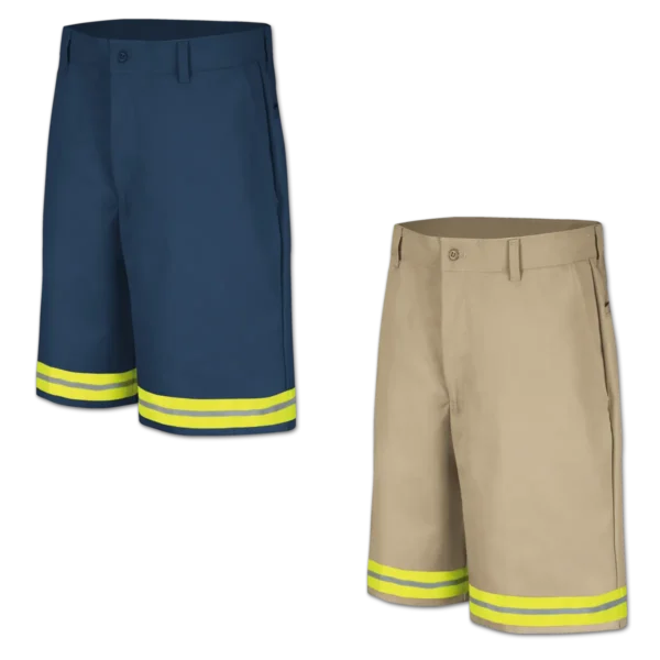 Display image for 100% cotton shorts with green reflective tape at an angle. PC26 with green reflective tape.