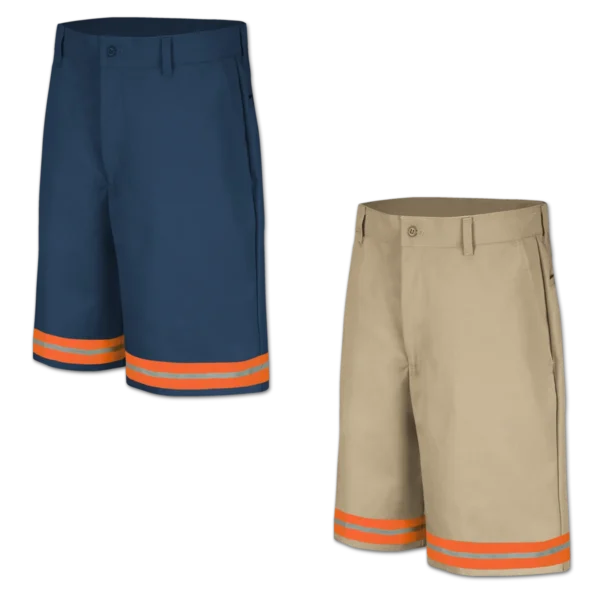 Display image for 100% cotton shorts with orange reflective tape at an angle. PC26 with orange reflective tape.