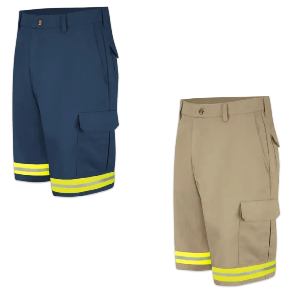 Hi Vis Cotton Cargo Shorts Collection with Green Reflective Tape - Khaki and Navy Color Options