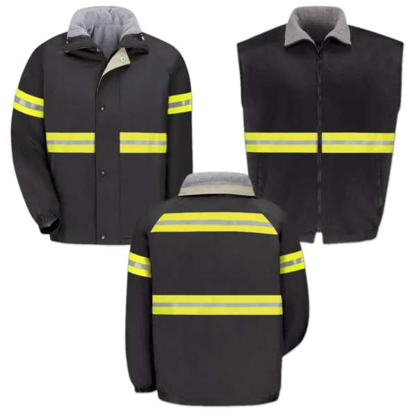 Hi Vis 2-in-1 Jacket Vest Combo Black with Green Reflective Tape for Outdoor Workers and Tow Truck Drivers