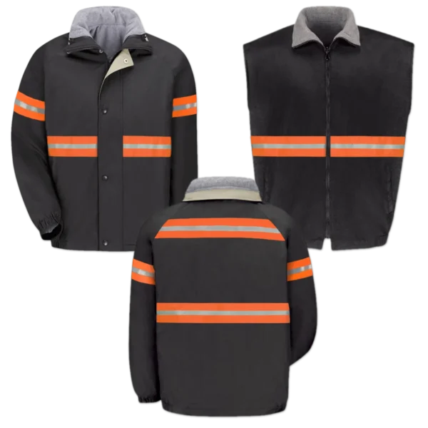 Hi Vis 2-in-1 Jacket Vest Combo Black with Orange Reflective Tape for Outdoor Workers and Tow Truck Drivers